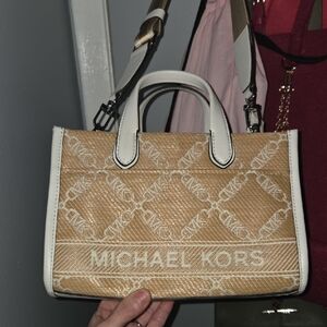 Michael Kors Beige Logo GIGI Tote Bag with White Trim